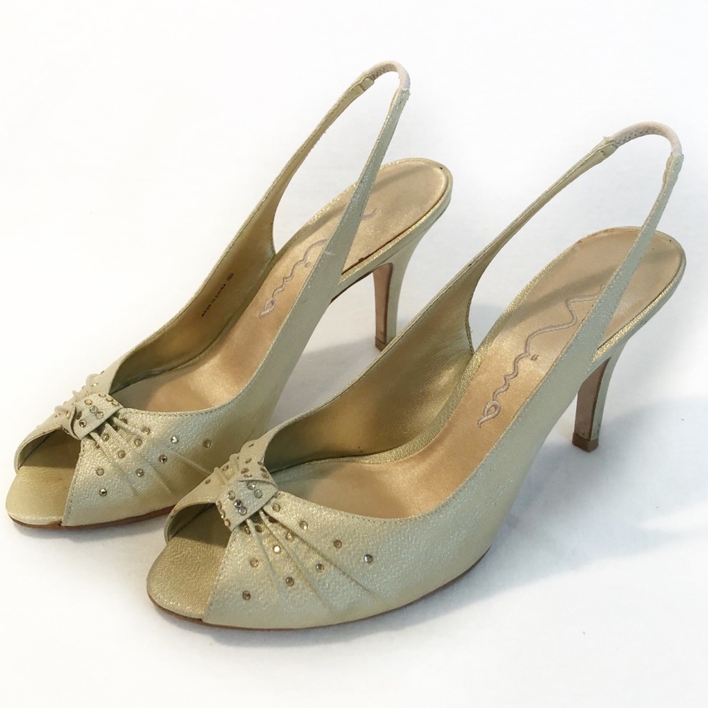 Nina gold slingback rhinestone open toe heels 8M